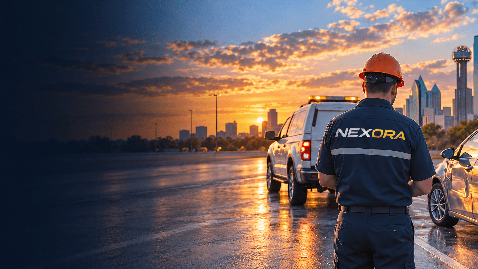 Nexora roadside technician beside a service vehicle in the Dallas area
