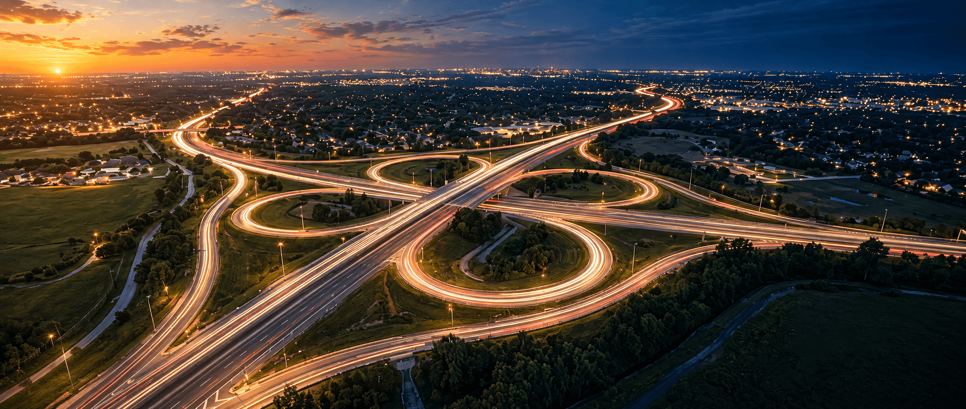 Aerial view of DFW roads transitioning from daylight to night, showing continuous roadside availability
